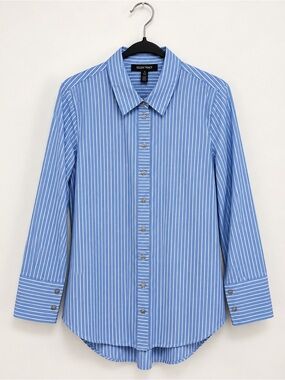 Ellen Tracy Blue white Stripe Button-Down Shirt- jeweled buttons size M